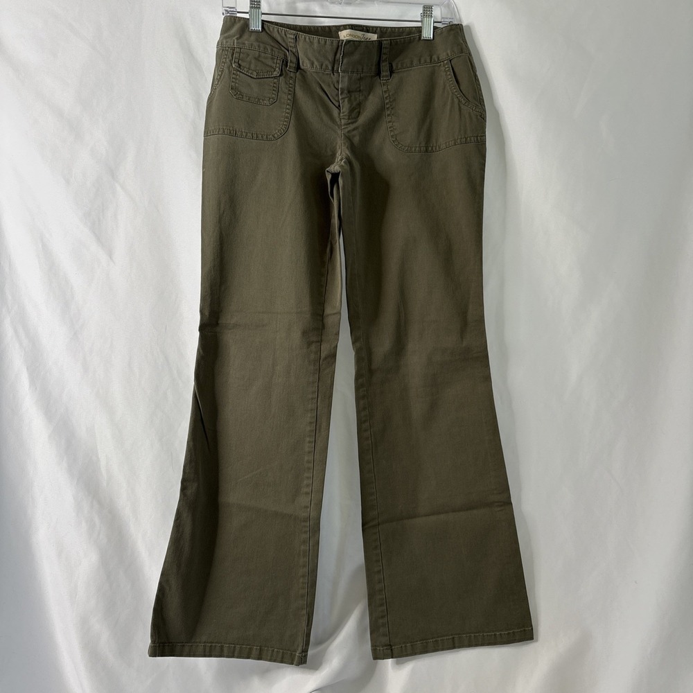 London Jean The Kate Fit Chino Stretch Pants Womens 4 Short Olive Flare Boho Y2k